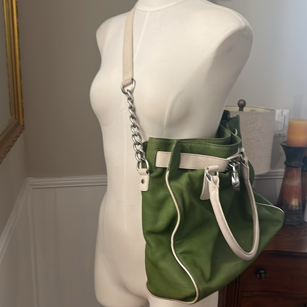 MICHAEL KORS HAMILTON Lime Green Pebble Leather White Silver Satchel Bag. Used - Picture 3 of 7